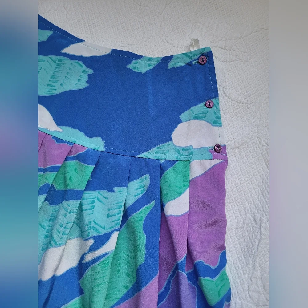 Malia Women's Flowy Skirt Colorful Aqua Watercolor Silky Polyester Buttons 8 - Picture 11 of 12